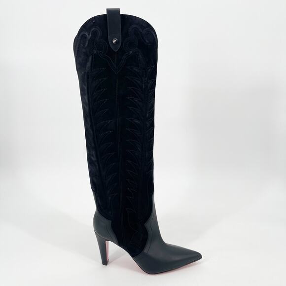 Christian Louboutin Black Leather Suede Santia Botta 85 Knee High Boot EU 36.5 - Picture 3 of 13